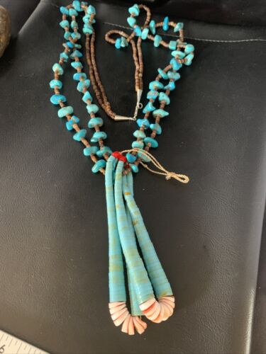 Santo Domingo Shell Blue Turquoise Bead Jacla Pendant Necklace | 30" | Authentic Native American Handmade | 13418