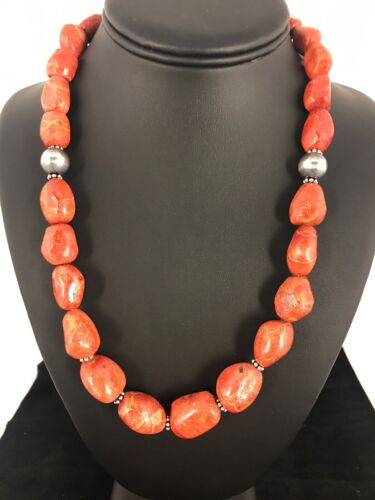Navajo Apple Coral Sponge Bead Necklace | Sterling Silver | Authentic Native American Handmade | 22" | 8526