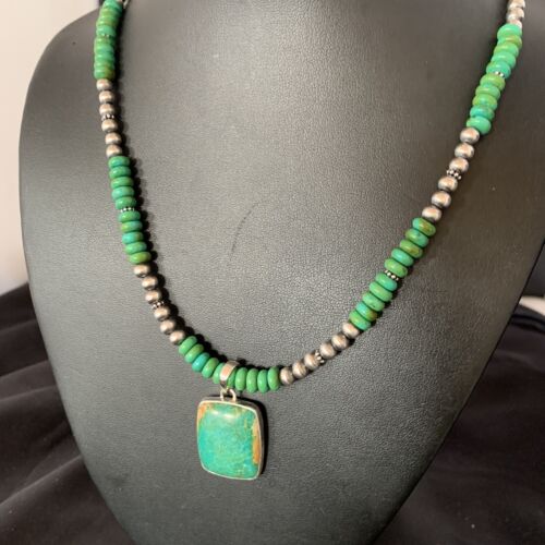 Navajo Green Turquoise Pendant Necklace | Sterling Silver Beads | Authentic Native American Handmade | 13305