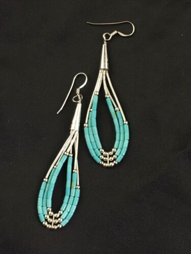 Native American Liquid Silver Heishi Dangle Earrings | Blue Turquoise | Sterling Silver | 2" | 1969