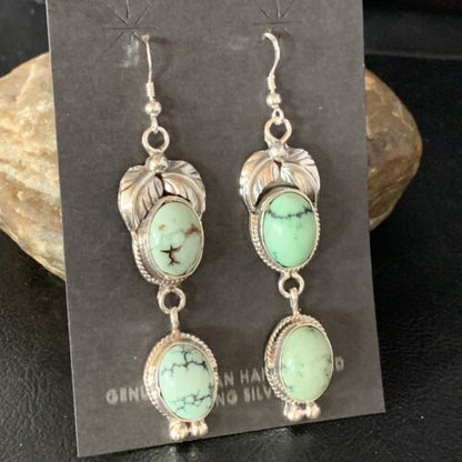 Navajo Green Spiderweb Turquoise Dangle Earrings | Sterling Silver | Authentic Native American Handmade | 13551