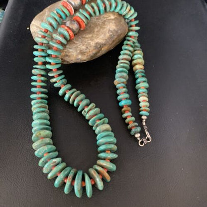Navajo Green Turquoise & Spiny Oyster Necklace | Sterling Silver | Authentic Native American | 26" | 13908