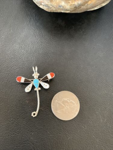 Zuni Turquoise Mother of Pearl Inlay Dragonfly Necklace Pin Pendant | Sterling Silver | 12319
