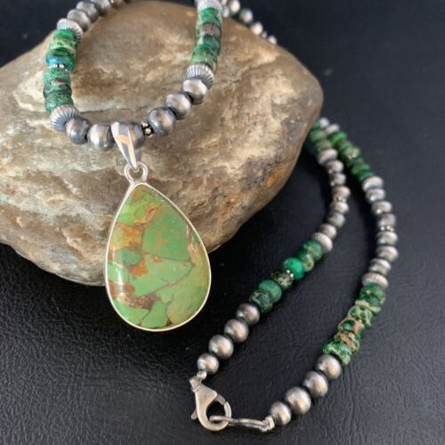 Navajo Green Mojave Turquoise Pendant Necklace | Sterling Silver | Native American Handmade | 13467