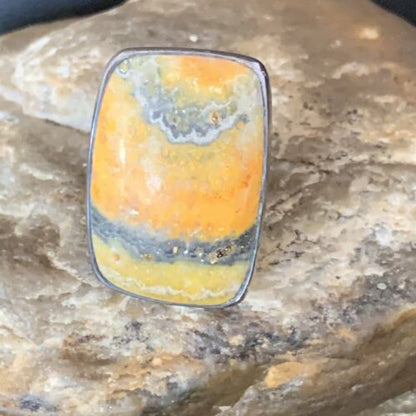 Navajo Yellow Bumble Bee Jasper Ring | Sterling Silver | Sz 8 Adjustable | Authentic Native American Handmade | 14015