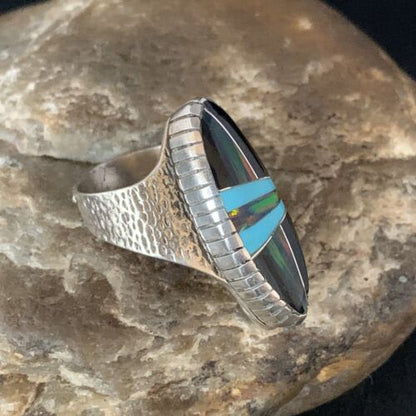 Men's Navajo Multi-Color Opal Turquoise Inlay Ring | Sterling Silver | Sz 7.5 | 13571