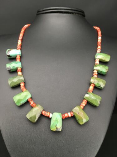 Spiny Oyster & Faceted Turquoise Navajo Sterling Silver Necklace | 20" | Teardrop | 4917 - Masha USA
