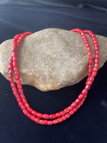 Native American Red Stabilized Coral Heishi Necklace | Sterling Silver | 18" | 1765