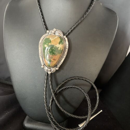 Navajo Green Royston Turquoise Bolo Tie | Sterling Silver | Authentic Native American Handmade | 14107
