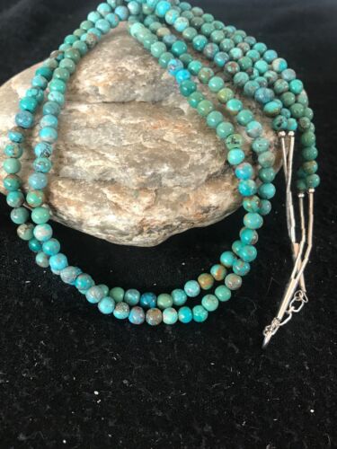 Navajo Turquoise Bead Necklace | 2 Strand | Sterling Silver | 19" | Authentic Native American Handmade | 8562