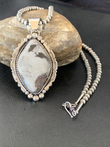 Navajo White Buffalo Turquoise Necklace Pendant | Sterling Silver | XL Men's | Authentic Native American Handmade | 11685
