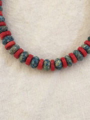 Navajo Denim Lapis Coral Bead Necklace | Sterling Silver | 20" | Native American Handmade