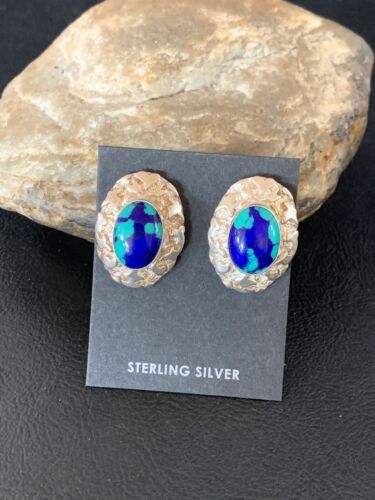 Native American Women's Blue Azurite Nugget Earrings | Sterling Silver | 13016