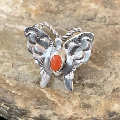 Navajo Red Spiny Oyster Butterfly Ring | Sterling Silver | Adj Sz 8 | Authentic Native American Handmade | 10342