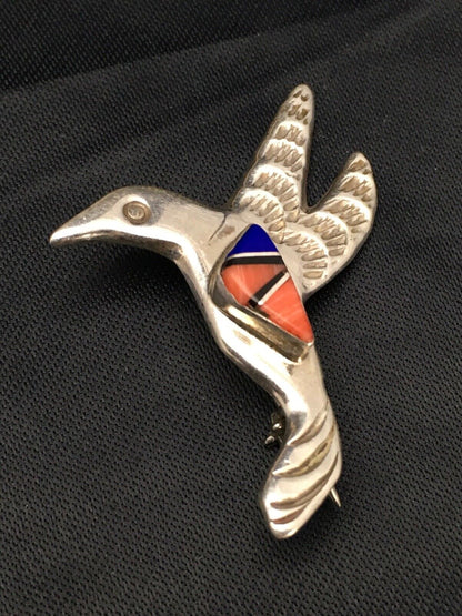 Navajo Spiny Oyster Lapis Hummingbird Pin | Sterling Silver | Authentic Native American Handmade | 2902