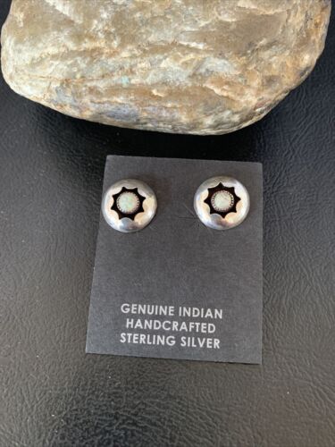 Navajo White Opal Post Shadow Box Earrings | Sterling Silver | 0.25" | Authentic Native American Handmade | 13036
