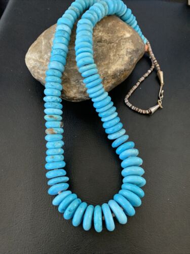 Navajo Pearls Bead Necklace with Blue Turquoise | Sterling Silver | 28" | Authentic Native American | 12537