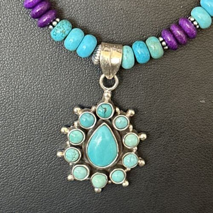 Blue Turquoise Sugilite Multi-Stone Necklace Pendant | Navajo Sterling Silver | 14640