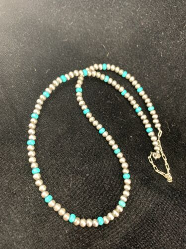 Navajo Pearls 4mm Turquoise Bead Necklace | Sterling Silver | 14" Single Strand | Native American Artisan