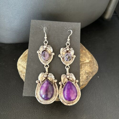 Navajo Purple Sugilite Dangle Earrings | Sterling Silver | 2" | Authentic Native American Handmade | 14461