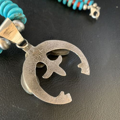 Navajo Sterling Silver Necklace with Blue Turquoise & Coral Naja Pendant | 13746