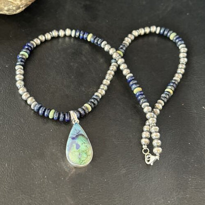 Navajo Green Turquoise Lapis Necklace with Opal Pendant | Sterling Silver | Authentic Native American Handmade | 14370