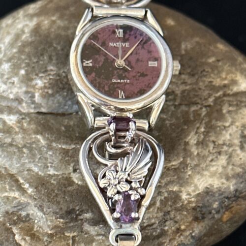 Authentic Navajo Sterling Silver Wrist Watch Tips | Purple Amethyst Feather Design | Women's Jewelry | 14315