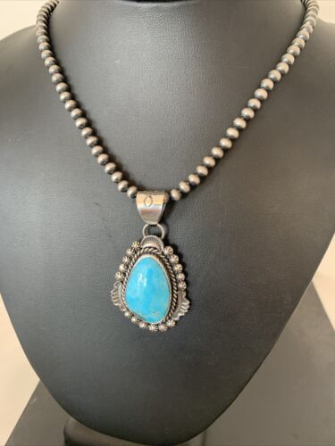 Men's Navajo Pearls Necklace | Sterling Silver Blue Kingman Turquoise Pendant | Native American Handmade | 793