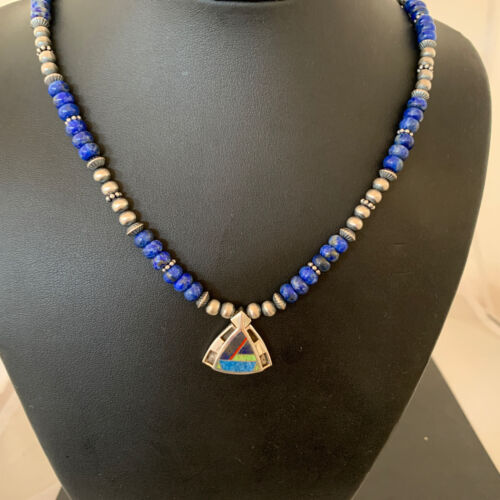 Authentic Native American Sterling Silver Navajo Pearls Necklace with Lapis Inlay Pendant | 01926