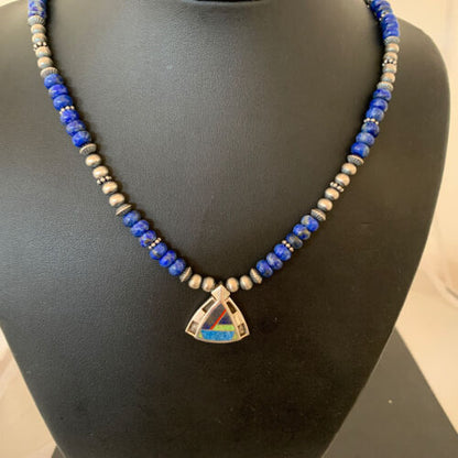 Authentic Native American Sterling Silver Navajo Pearls Necklace with Lapis Inlay Pendant | 01926