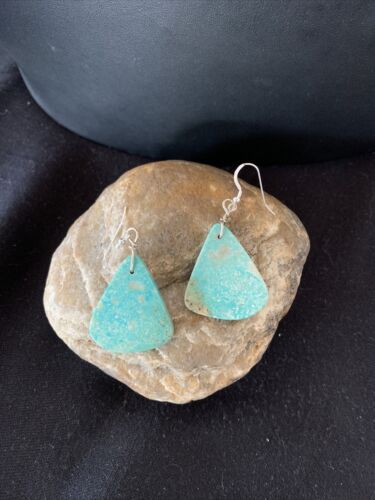 Southwestern Navajo Slab Turquoise Dangle Earrings | Sterling Silver | Authentic Native American Handmade | 1323
