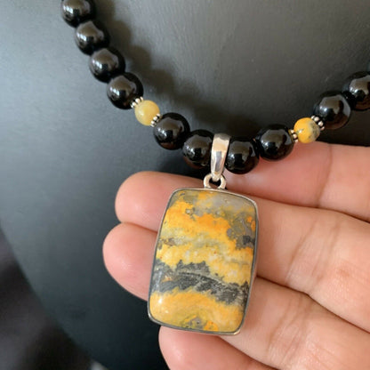 Men's Navajo Pearls Onyx Bumblebee Jasper Necklace Pendant | Sterling Silver | Native American Handmade | 10327