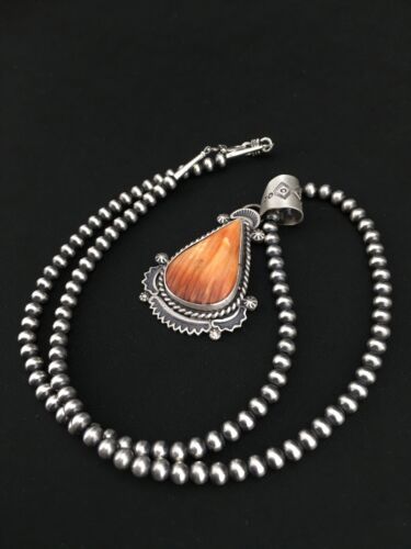 Navajo Orange Spiny Oyster Pendant Necklace | Sterling Silver Pearls | Authentic Native American Handmade | 4883