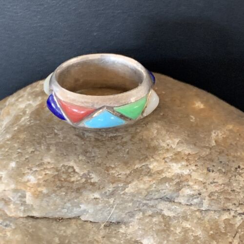 Navajo Multi-Color Turquoise Lapis Coral Mother of Pearl Inlay Ring | Sterling Silver | Sz 5.5 | 12399
