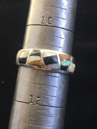 Navajo Sterling Silver Opal, Black Onyx & Tigers Eye Inlay Ring | Sz 11 | Authentic Native American Handmade | 01602