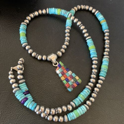 Navajo Multi-Color Blue Turquoise Pendant | Sterling Silver Pearls Necklace | Native American Handmade | 12617