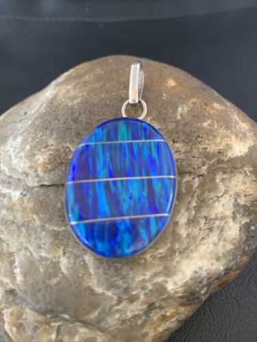 Navajo Sterling Silver Peacock Blue Opal Inlay Pendant | Men's Women's | Authentic Native American | 13141