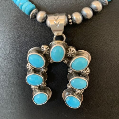 Navajo Blue Turquoise Necklace with Sterling Silver Naja Pendant | Authentic Native American Handmade | 02017