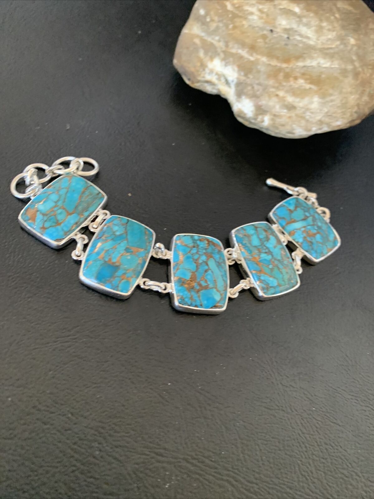 Navajo Blue Mojave Turquoise Link Bracelet | Sterling Silver | 8" | Authentic Native American Handmade | 11629