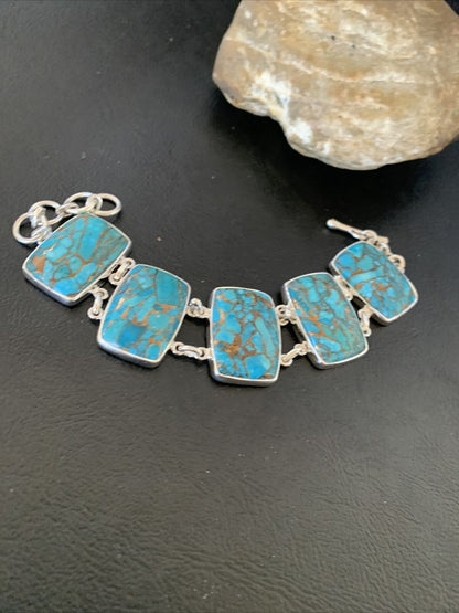 Navajo Blue Mojave Turquoise Link Bracelet | Sterling Silver | 8" | Authentic Native American Handmade | 11628