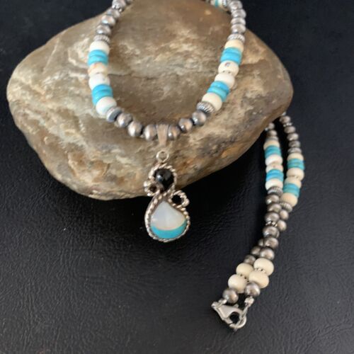 Navajo Mother of Pearl Turquoise Onyx Inlay Pendant Bead Necklace | Sterling Silver | Native American Handmade | 13566