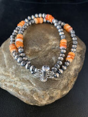 Navajo Pearls Sterling Silver Orange Spiny Oyster Bead Bracelet | 7.5" | Authentic Native American Handmade | 13801