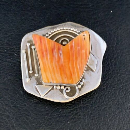 Southwestern Navajo Handmade Pin | Sterling Silver | Orange Spiny Oyster | Authentic Native American | 13716