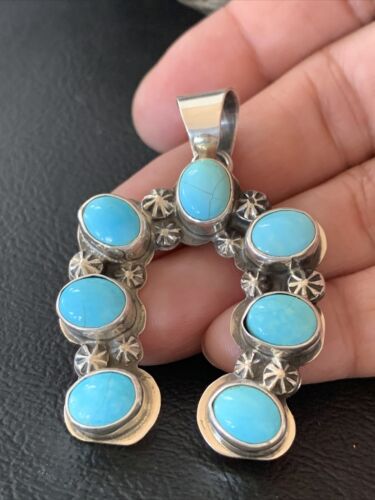Navajo Blue Turquoise Cluster Naja Pendant | Sterling Silver | Authentic Native American Handmade | 2099