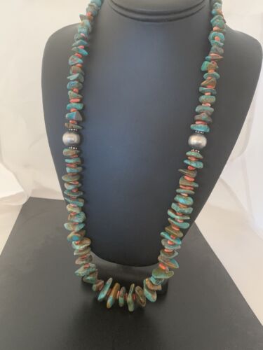 Navajo Green Turquoise & Spiny Oyster  Necklace | Sterling Silver | 26" Graduated | Authentic Native American | 00609