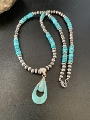 Navajo Pearl Necklace with Blue Turquoise Inlay Pendant | Sterling Silver | Authentic Native American Handmade | 12501