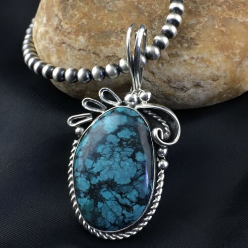 Navajo Pearls Sterling Silver Pendant with Blue Spiderweb Turquoise | 2.5" | Authentic Native American Handmade | 10164