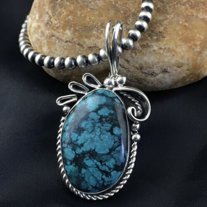 Navajo Pearls Sterling Silver Pendant with Blue Spiderweb Turquoise | 2.5" | Authentic Native American Handmade | 10164