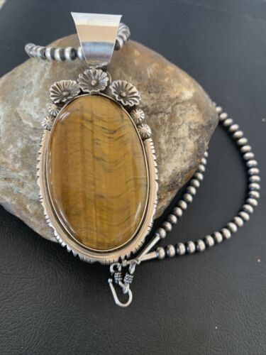Men's Navajo Pearls Necklace with Sterling Silver Coffee Tigers Eye Pendant | Authentic Native American Handmade | 01771