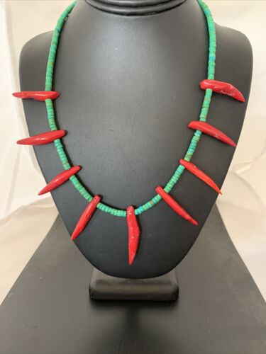 Navajo Turquoise Coral Chili Pepper Necklace | Sterling Silver | Graduated Beads | 20" | 00827